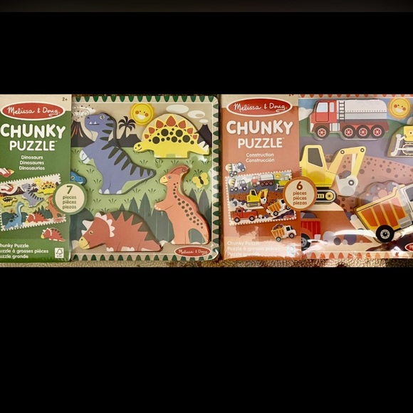 Melissa & Doug Dinosaur and Construction Wooden Chunky Puzzles 2+ - Picture 1 of 5